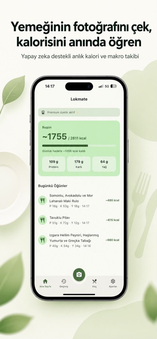 Lokmate kalori takip uygulaması ana ekranı: günlük kalori hedefi, protein, karbonhidrat ve yağ değerleri