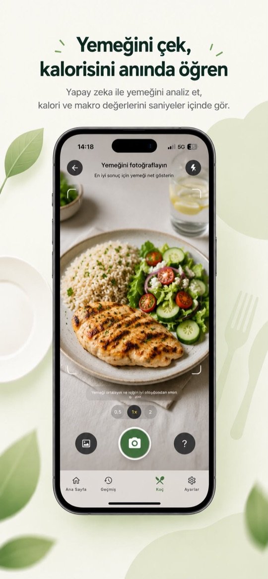 Lokmate ile yemek fotoğrafı çekerek yapay zekâ ile kalori hesaplama ekranı